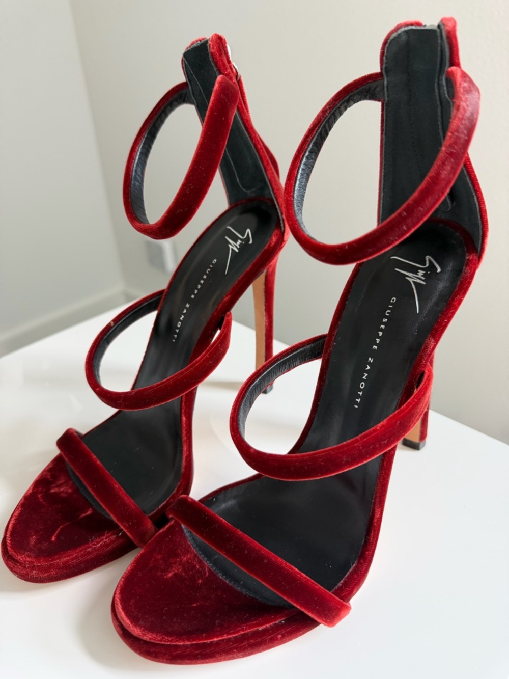 Giuseppe Zanotti Wine Red Velvet Strap Stiletto Sandals
